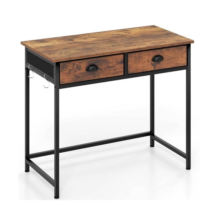 Costway Computer Desk Metal Frame Home Office Study Desk W/hanging Hooks Brown