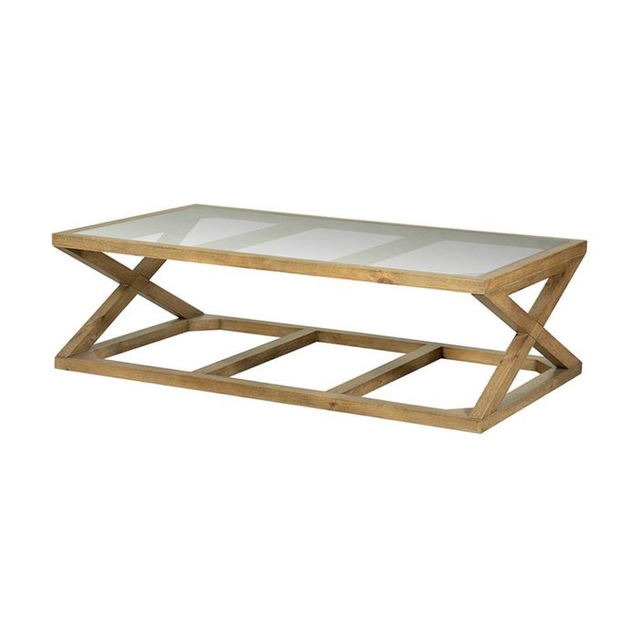1825 Interiors Freedom Coffee Table Light Stain Solid Pine Base Glass Top 140cm