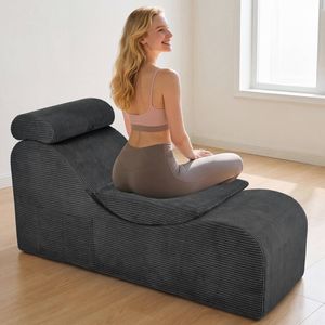 Ufurniture Convertible Chaise Lounge Yoga Chair With Side Pocket, Headrest, Waist Pad, Ottoman Memory Foam Gray