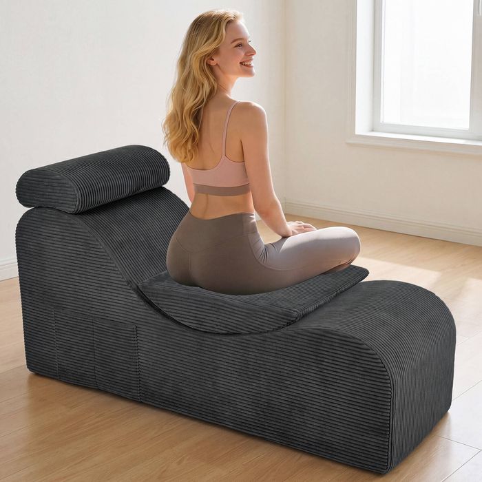 Ufurniture Convertible Chaise Lounge Yoga Chair With Side Pocket, Headrest, Waist Pad, Ottoman Memory Foam Gray