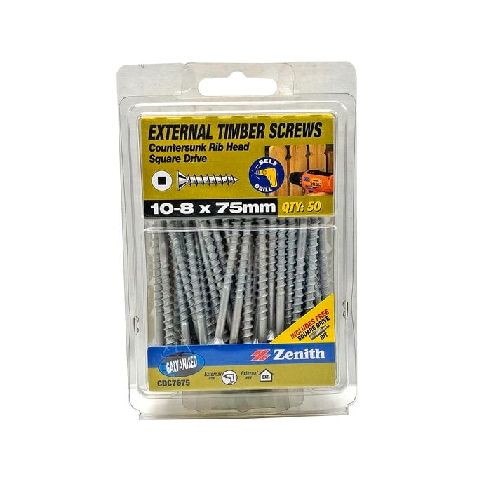 Zenith 10 - 8 x 75mm Galvanised Square Drive Countersunk Ribbed Head Timber Screws - 50 Pack