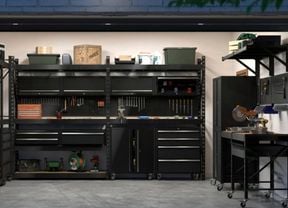 An image of a Rack It shelving unit inside an open garage