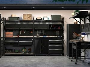 An image of a Rack It shelving unit inside an open garage