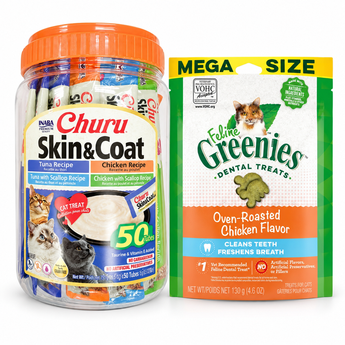 Inaba Churu Skin & Coat 50 Tubes + GREENIES Chicken 130g | Cat Treat Variety Pack