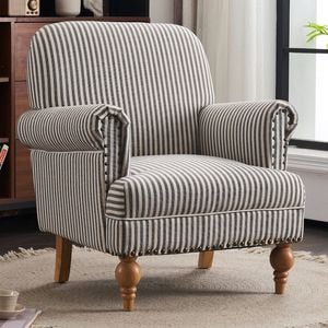 Striped Linen Fabric Accent Chair, Modern Farmhouse Upholstered Armchair with Nailhead Trim & Ball Turned Wood Legs, Grey Stripe