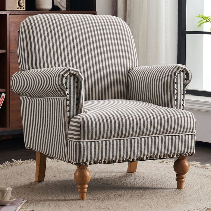 Striped Linen Fabric Accent Chair, Modern Farmhouse Upholstered Armchair with Nailhead Trim & Ball Turned Wood Legs, Grey Stripe