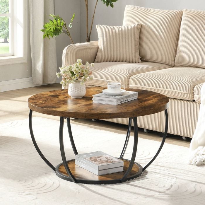 HOMFURN 80cm Wooden Two-Tier Round Coffee Table with Storage, Rustic Brown