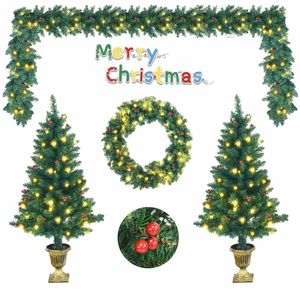 Costway 4PCs Christmas Decoration Set Wreath Garland 2 Xmas Trees w/200 LEDs