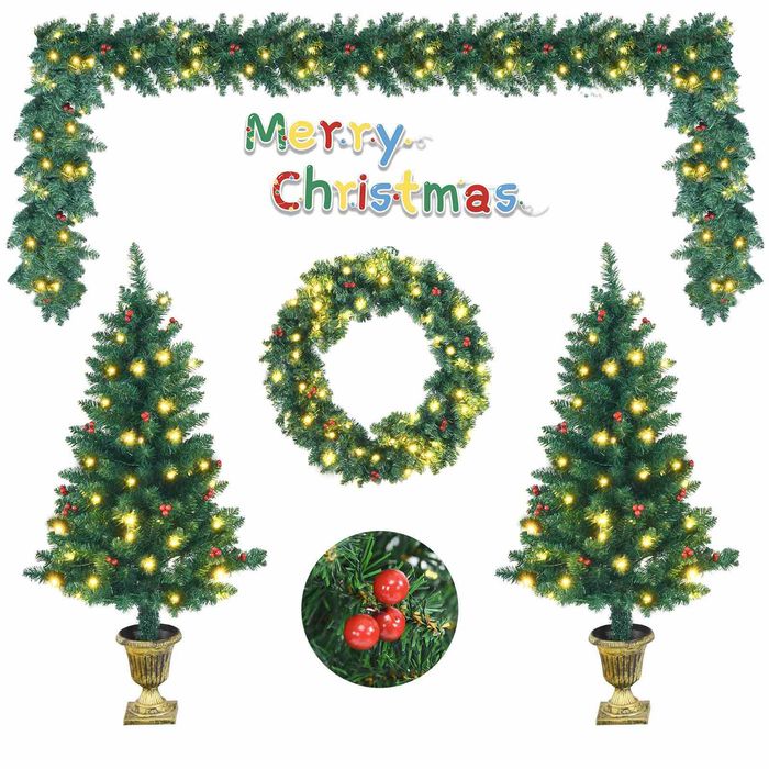 Costway 4PCs Christmas Decoration Set Wreath Garland 2 Xmas Trees w/200 LEDs