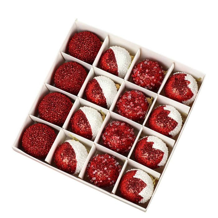 Catzon 16 Pcs Shiny Christmas Balls 6CM with Sequins Foam Hanging Ornaments for Holiday-Red