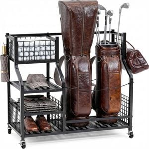 Advwin Golf Bag Storage Organiser with Lockable Wheels, Includes Shelves, Hooks & Straps, Fits 2 Bags