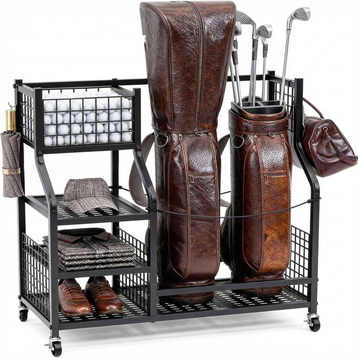 Advwin Golf Bag Storage Organiser with Lockable Wheels, Includes Shelves, Hooks & Straps, Fits 2 Bags