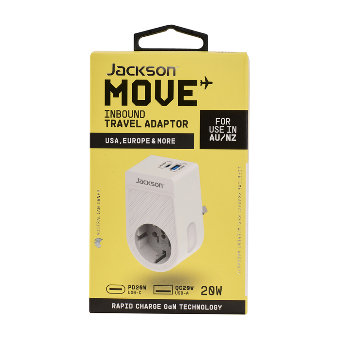 Jackson Move Inbound Travel Adaptor USA, Europe & More PD20W w USB 1A 1C