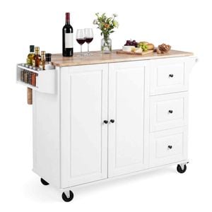 Costway Large Kitchen Island Trolley Extendable Tabletop Rubber Wood w/Spice Shelf Tower Rack White