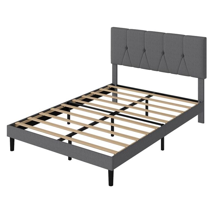 Levede Double Upholstered Bed Frame with Panel Headboard   - Dark Grey