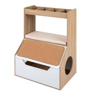 Costway Cat Litter Box 3in1 House Cabinet 4 Cubby Cushion Scratching