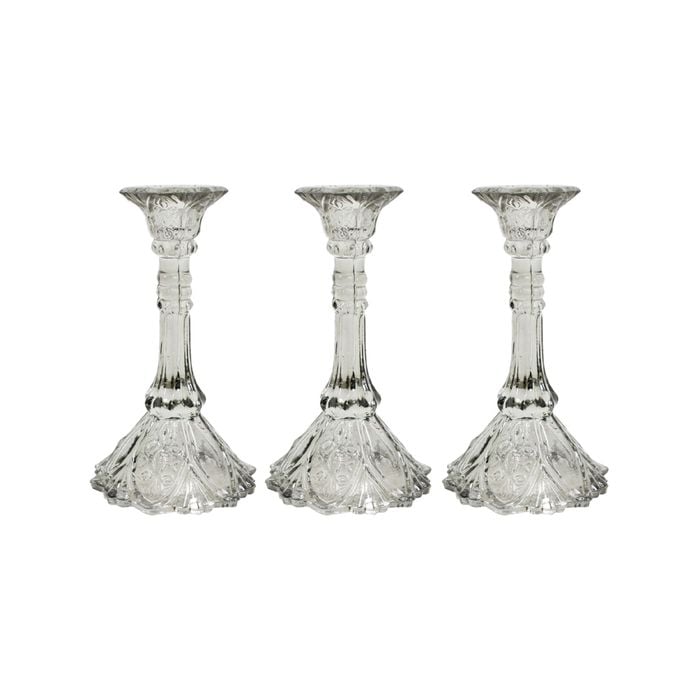 3PK Glass 18cm Medium Belle Taper Stick Candle Holder - Sage