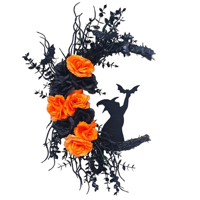 Lifebay Halloween Witch Cat Moon Wreath Door Decor