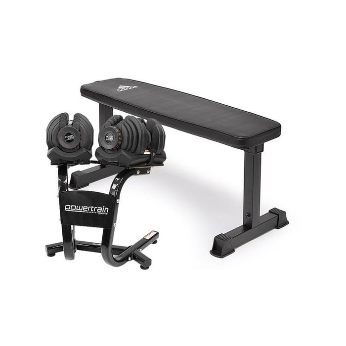 Powertrain 2x 40kg Adjustable Dumbbells and Stand w/10437 Adidas Bench