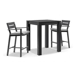 Santorini Outdoor Aluminium Square Bar Table Charcoal With 2 Stools & Light Grey Cushions