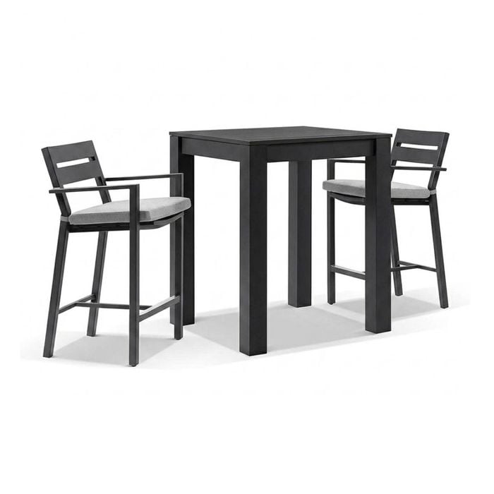 Santorini Outdoor Aluminium Square Bar Table Charcoal With 2 Stools & Light Grey Cushions