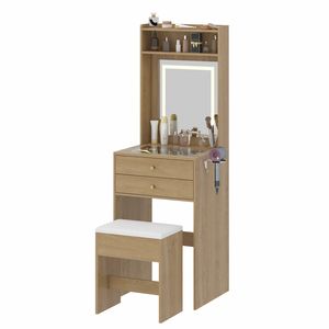 Ufurniture Compact Dressing Table with Glass Desktop Mirror and Light 2 Drawers and Storage Stool Oak