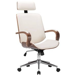 vidaXL Swivel Office Chair with Headrest Cream Faux Leather and Bentwood Seat