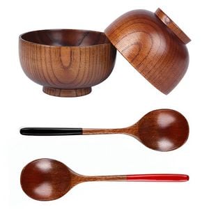 Anygleam Brown 4pcs Wooden Bowl Spoon Set Kitchen Tableware