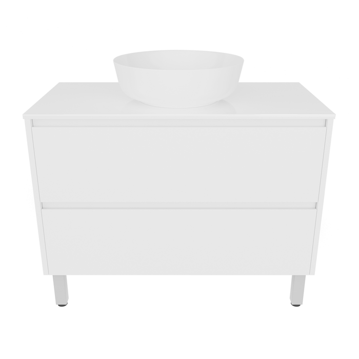 Forme 900mm White Razor Freestanding Vanity With Myanmar White Stone Top And Atom Above Counter Basin