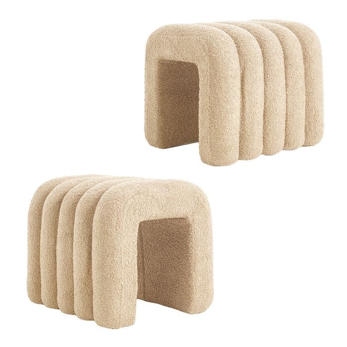 La Bella 2 Set Ridge Arch Ottoman Stool 45cm Beige Teddy Fleece Fabric Foot Rest