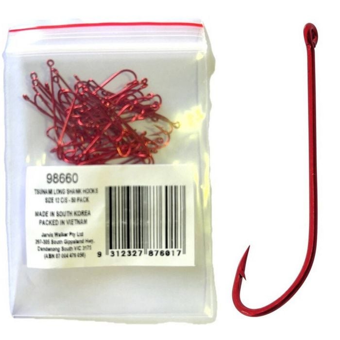 50 Pack of Tsunami Size 12 Red Long Shank Hooks -Chemically Sharpened Worm Hooks