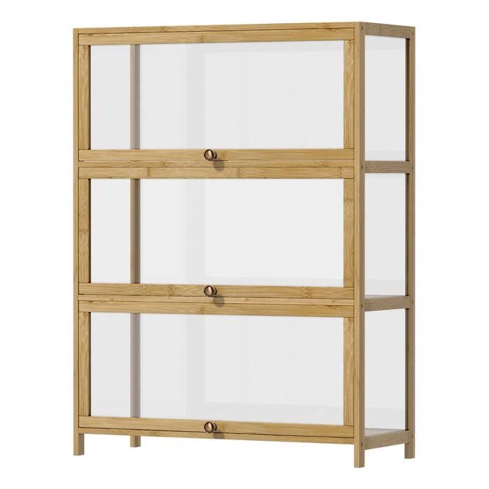 Oikiture Display Cabinet Storage 3-Tier Shelves Clear Bookcase Stand Rack Oak