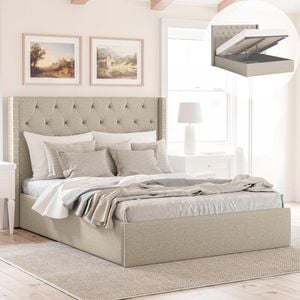 Leonora King Beige Gas Lift Storage Wing Bed Frame with Studs