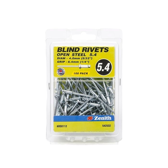 Zenith Blind Rivet Open Steel 5/32"D x 1/4"G 100pk
