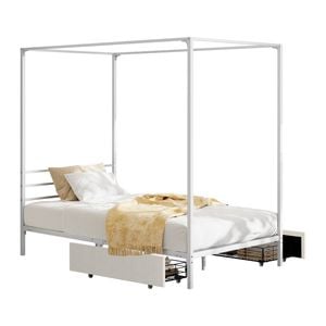 Oikiture Metal Canopy Bed Frame Single Size Beds Platform with 2 Drawers White