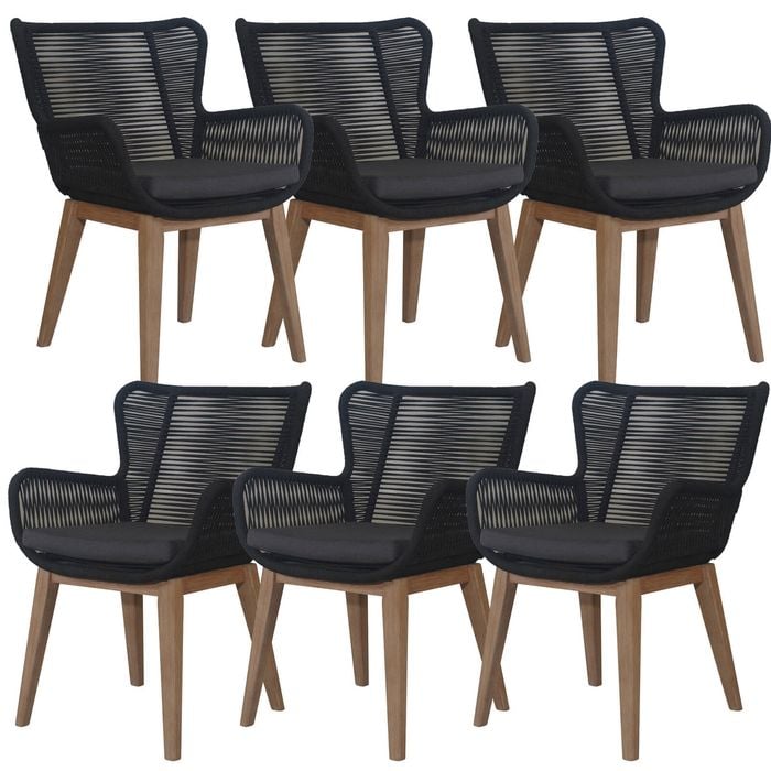 Stud Set of 6 Rope Outdoor Dining Chair with Solid Eucalyptus Timber Wood Frame