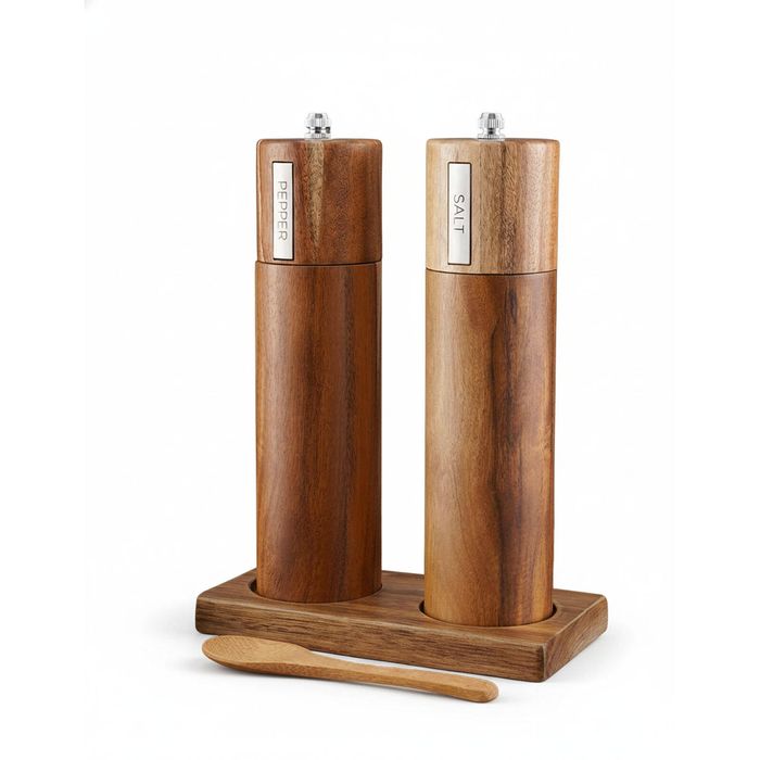 Wooden Salt and Pepper Grinder Set with Tray and Spoon - Kitchen Hand Grinder