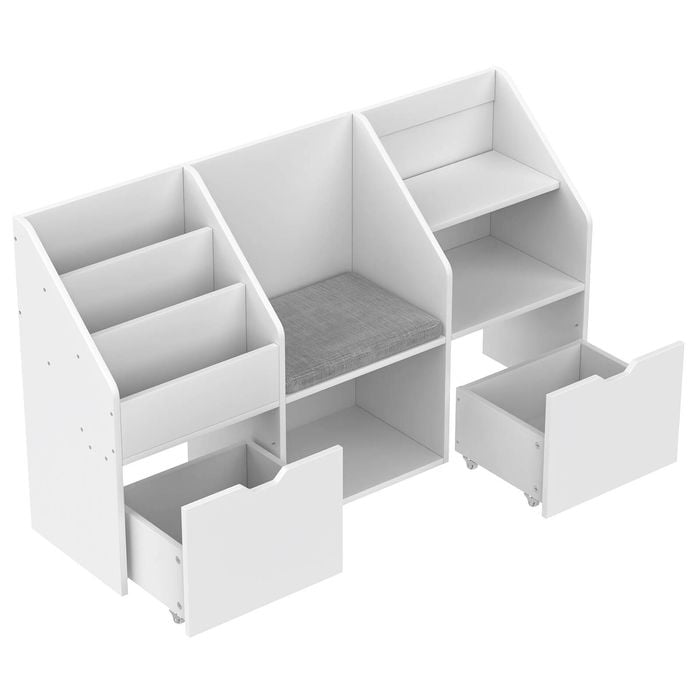 4-in-1 Kids Bookcase w/ Reading Nook Standing Toys and Books Storage Organiser Toy Chest White