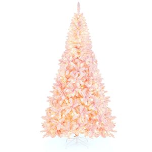 Costway 2.2M Pink Artificial Snow Flocked Christmas Tree Holiday Decor w/450 LEDs