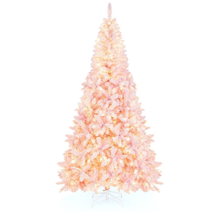 Costway 2.2M Pink Artificial Snow Flocked Christmas Tree Holiday Decor w/450 LEDs
