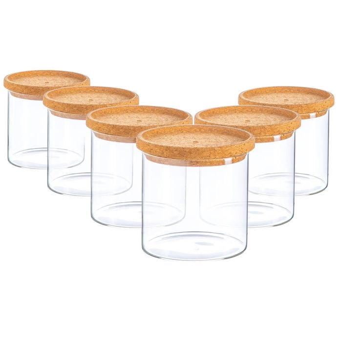 Argon Tableware Glass Storage Jar - Cork Lid - 550ml - Modern Round Scandi Organisation Container Glass Jar - Set Of 6
