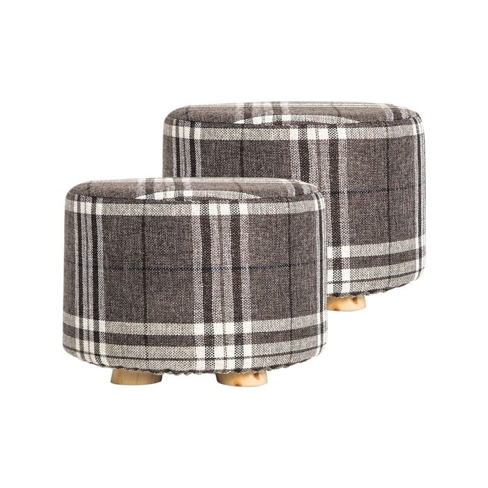 La Bella 2 Set Lattice Fabric Ottoman Round Wooden Leg Foot Stool
