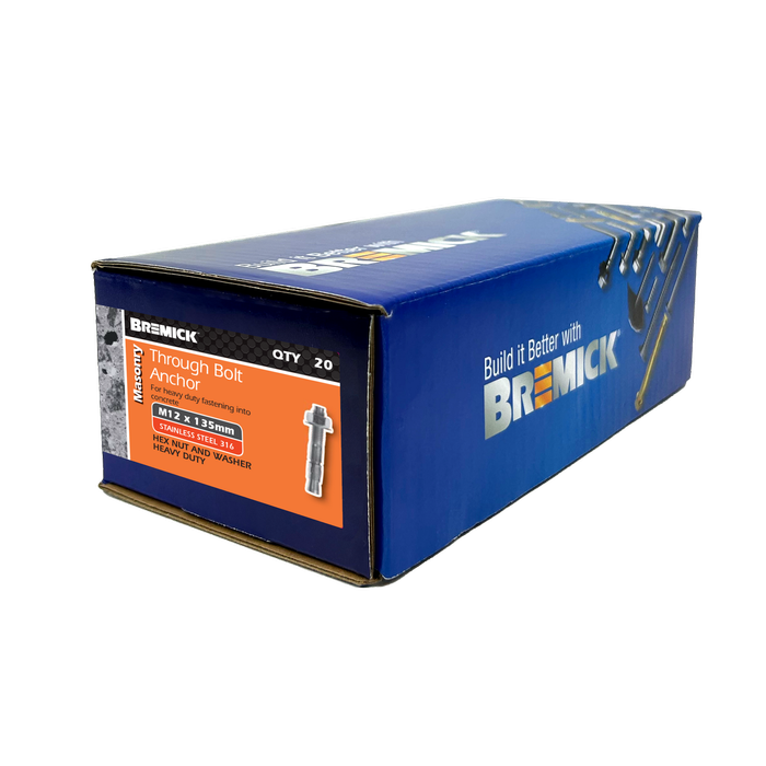 Bremick M12 x 135mm Stainless Steel 316 Through Bolt Masonry Anchor 20 Pack