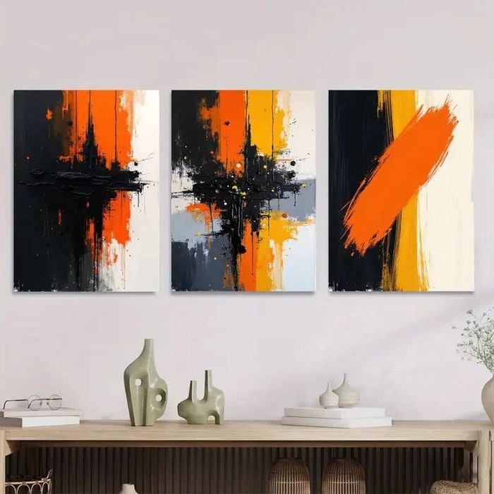 3pcs Vibrant Orange & Black White & Gray Accents Print 100% Australian Made 3 x 40x60cm (Metal Print)