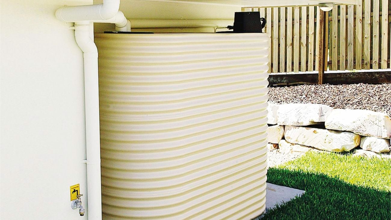 Water tank with downpipe diverter.