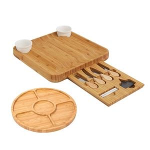 Catzon 2Pcs Bamboo Cheese Board Set Fruit Dessert Platter with Knife Bowl
