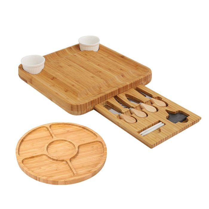 Catzon 2Pcs Bamboo Cheese Board Set Fruit Dessert Platter with Knife Bowl