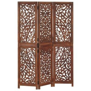 vidaXL Solid Mango Wood Hand carved 3-Panel Room Divider Brown 120cm Screen