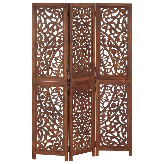 vidaXL Solid Mango Wood Hand carved 3-Panel Room Divider Brown 120cm Screen