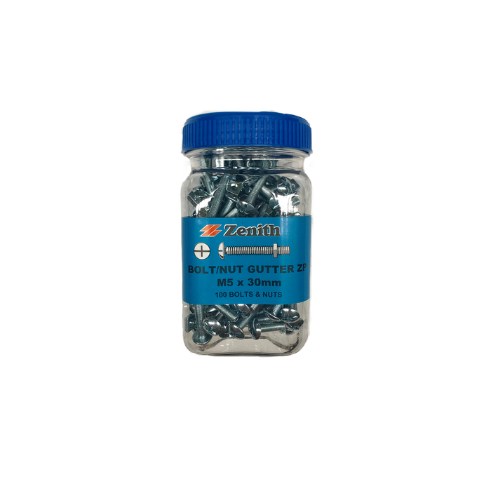 Zenith M5 x 30mm Zinc Plated Bolt And Nut Gutter - 100 Pack